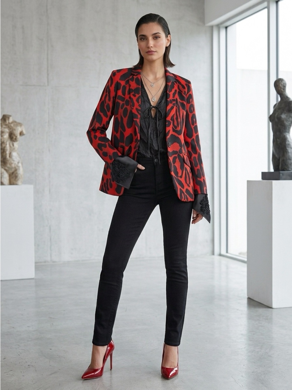 Rinascimento Red & Black Animal Leopard Print Blazer Jacket Made in Italy M